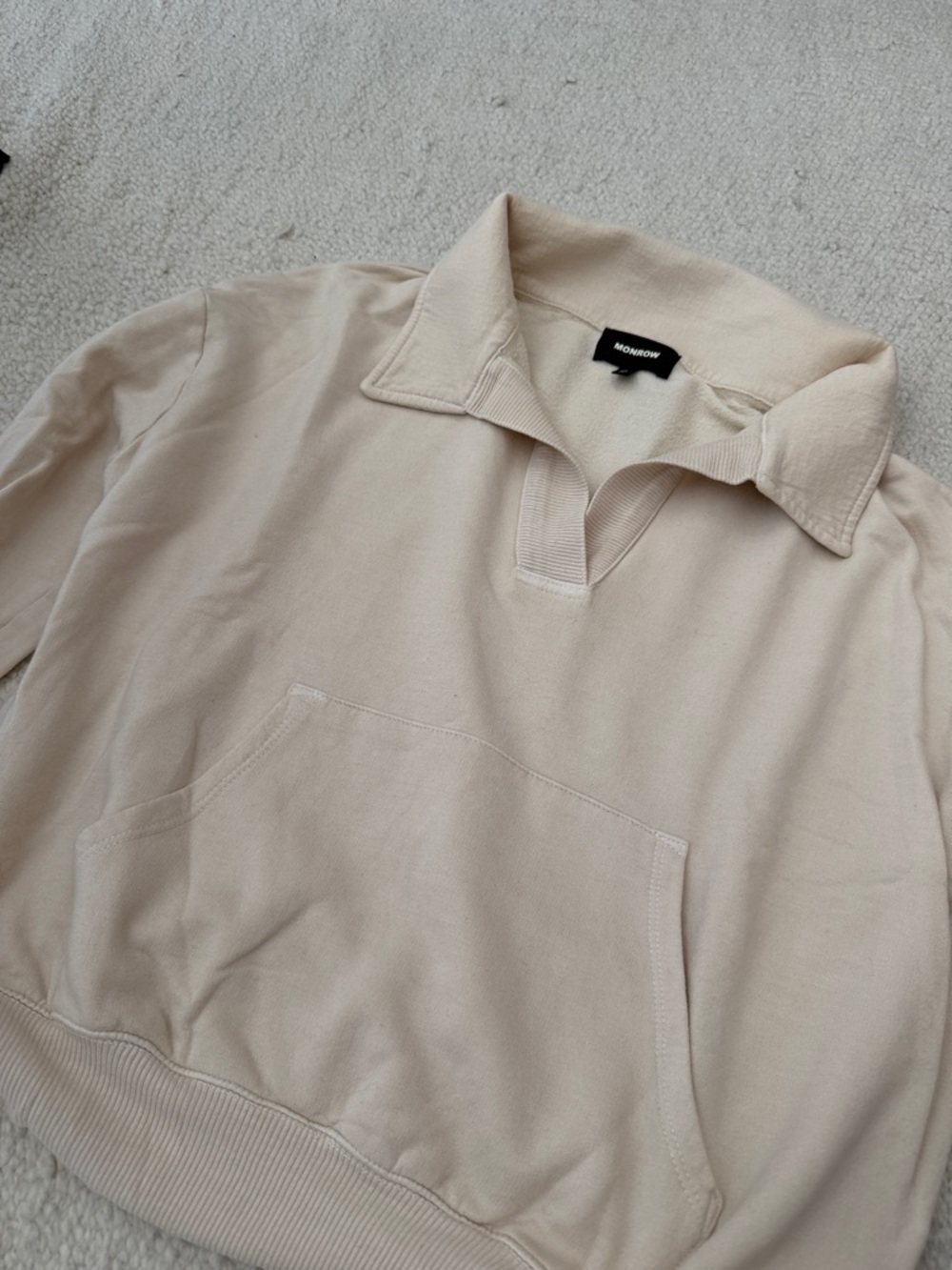 Womens Monrow Cream Collared Pullover Sweatshirt with Kangaroo Pocket